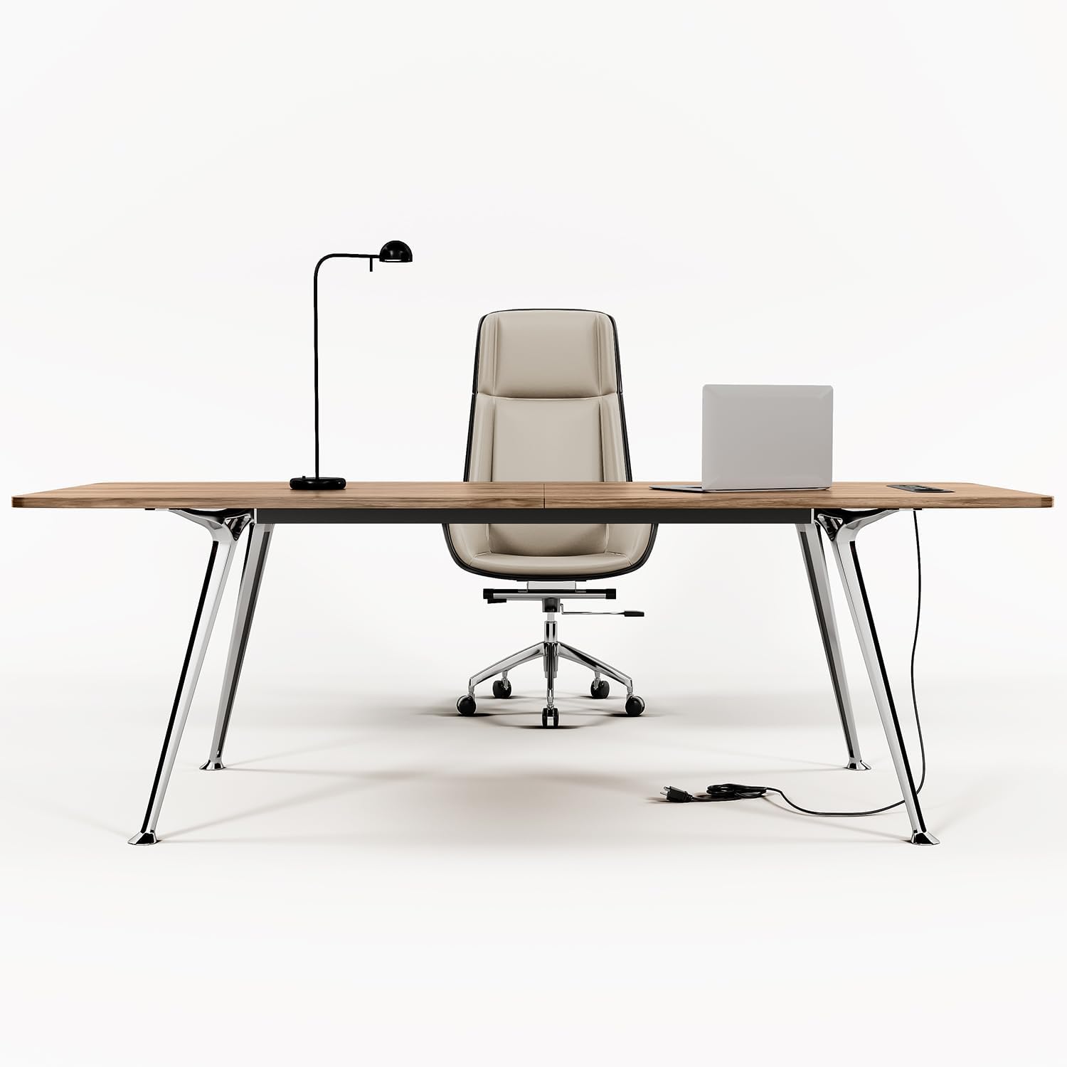 60” Executive Desk, Modern Home Office Desk with Power Outlet | Large Wood Writing Table with Chrome Legs, Computer Desk Work from Home Desk, Sturdy Metal Frame, Mid-Century Modern