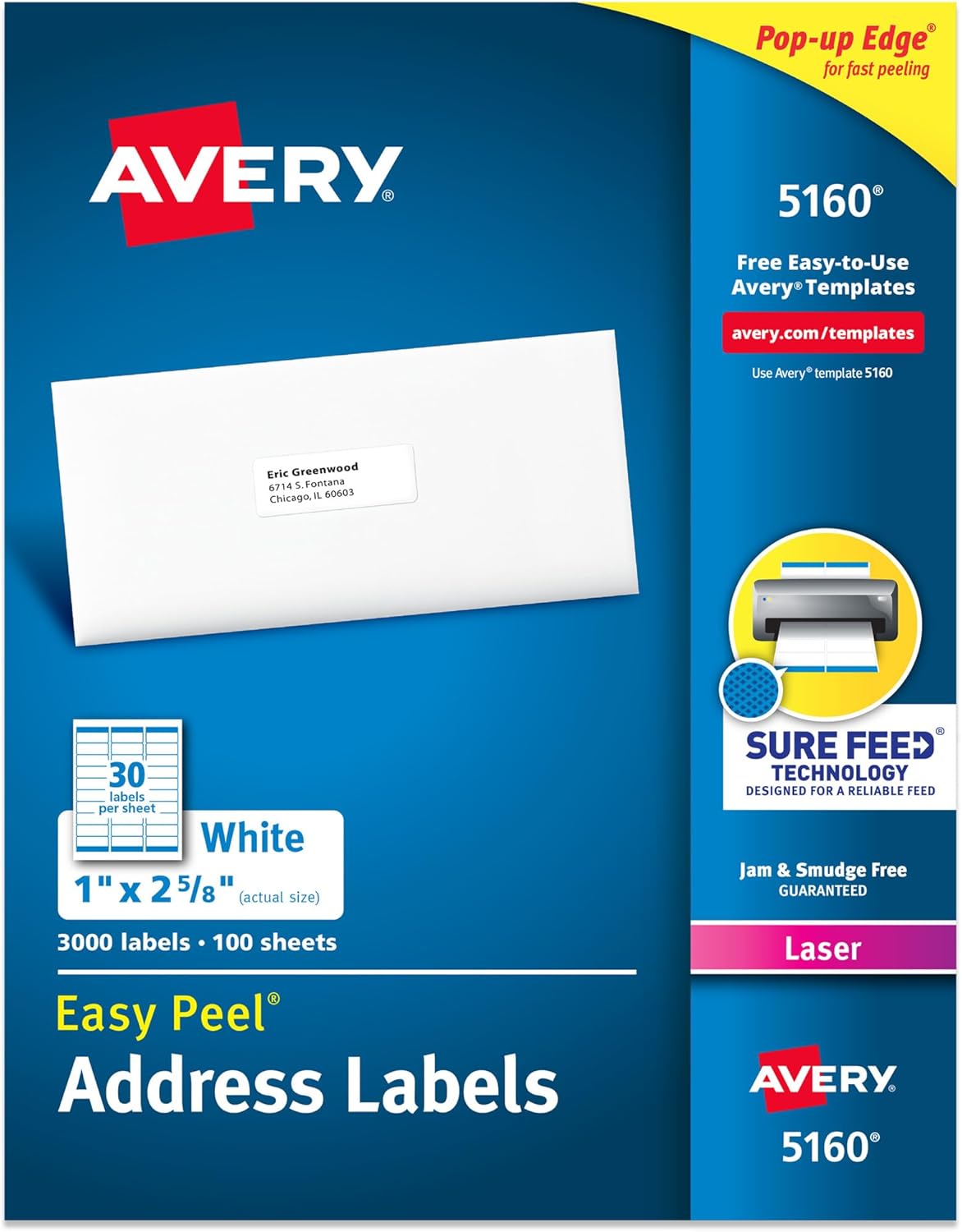 Avery Easy Peel Printable Address Labels with Sure Feed, 1" x 2-5\/8" Customizable Stickers, White, 3,000 Blank Mailing Labels, Great for Mailing, Shipping, and More (5160)