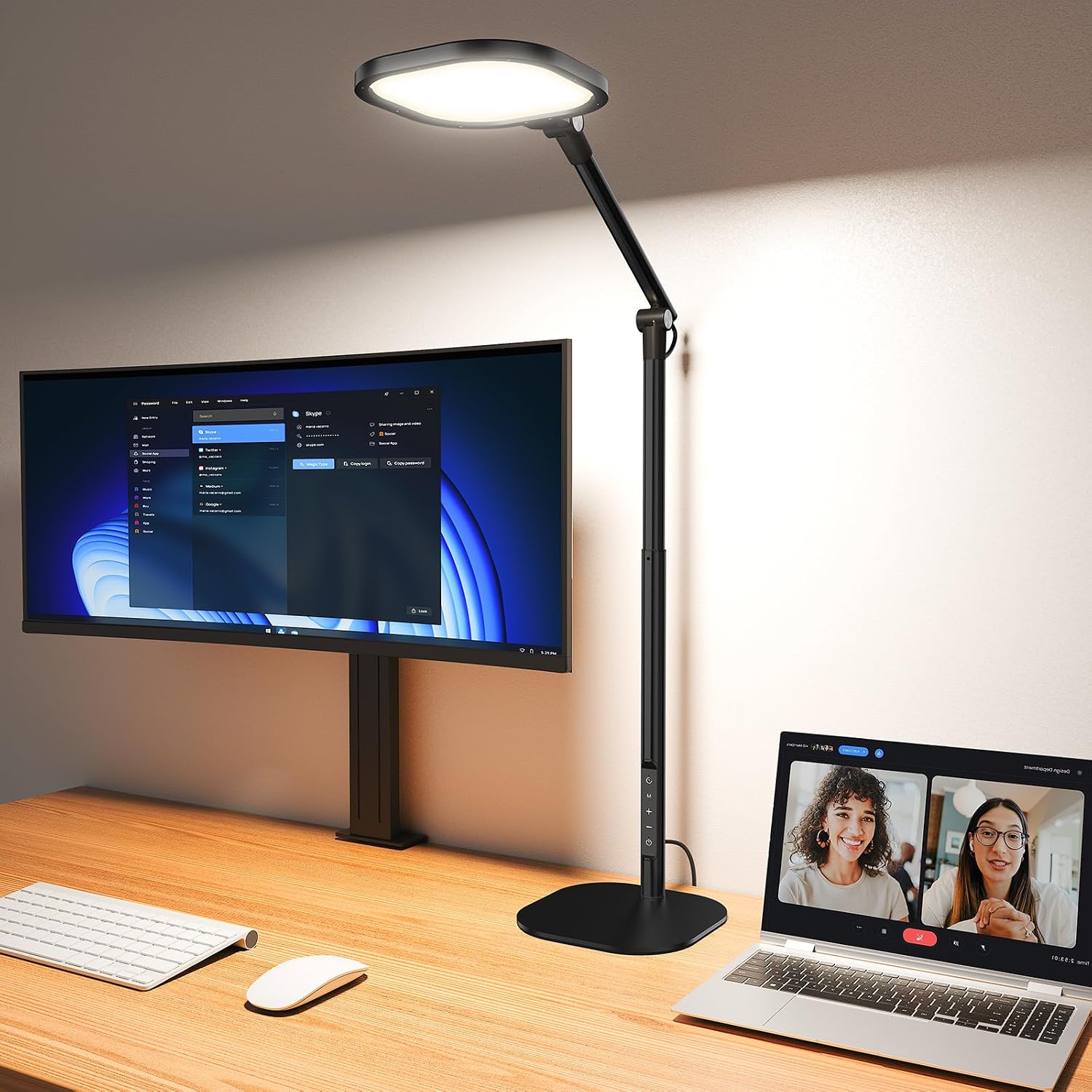 LitONES Tall LED Desk Lamps Home Office, Edge-Lit Eye-Care, 50 Light Modes | 40", Dimmable & Flexible, CRI>97.8, Memory and Timer Func, Stable Metal Base, Desk Lights for Home Office, Video Calls, Task